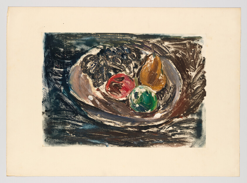 A painted still life showing grapes, a pear, and two round fruits on a shallow plate.