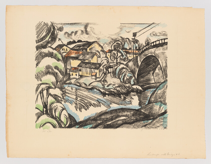 A riverside village with houses, trees, and a stone bridge over flowing water.