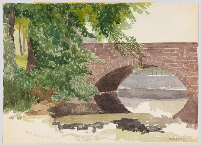 A small arched stone bridge spans a calm river under leafy green trees.