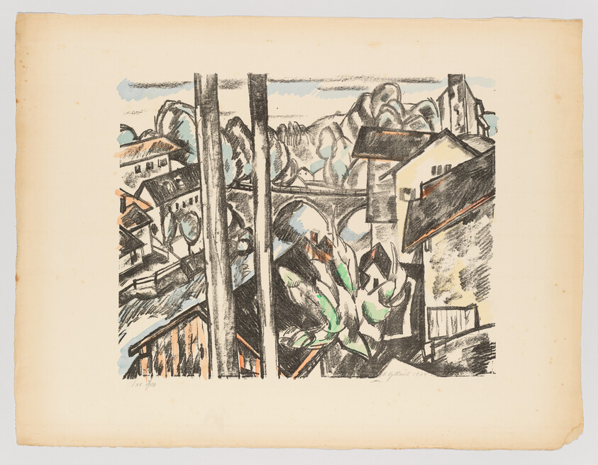 View through a window of a small town with a bridge, rooftops, and a potted plant in front.