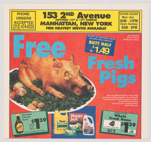 Cooked pig on a platter with large sale text reading 'Free Fresh Pigs' and price signs.