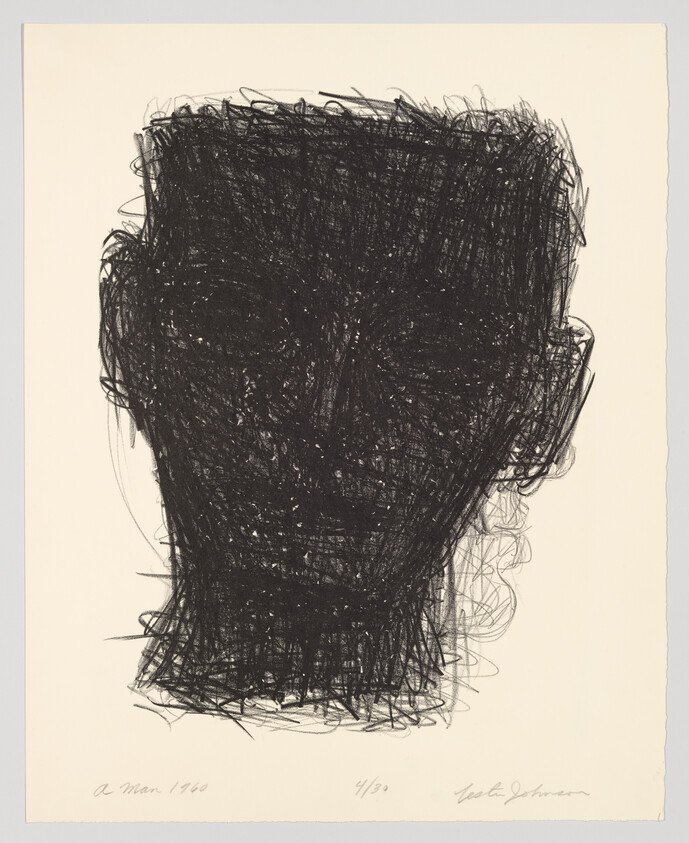 A dense, scribbled black head silhouette fills the center of a pale page.