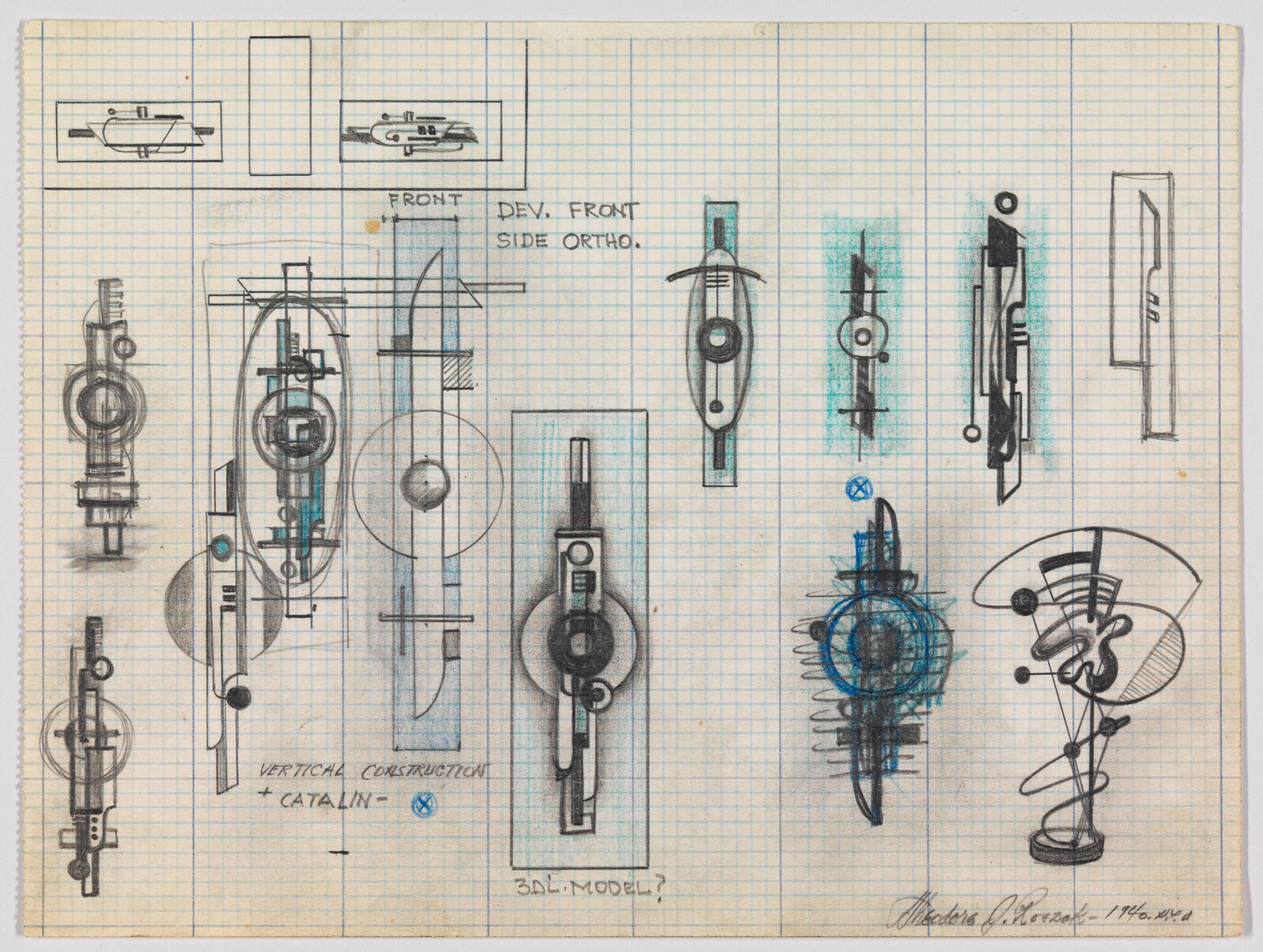 Multiple technical sketches of a vertical mechanical device and component views on graph paper.