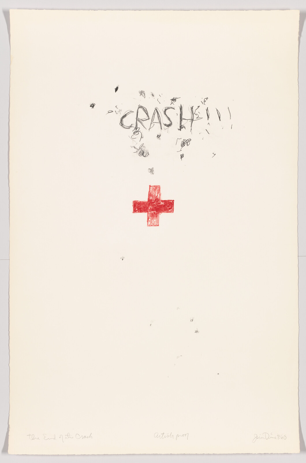 Scribbled word "CRASH" appears above a bold red medical cross on blank paper.