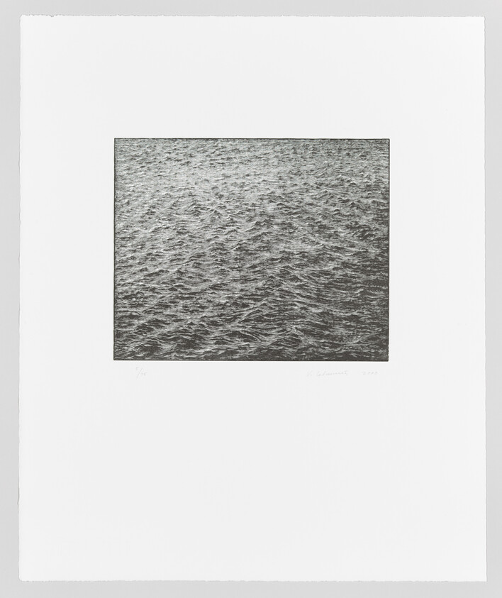A grayscale artwork depicting a textured water surface, centered on a white background with artist's signature and edition number on the bottom.