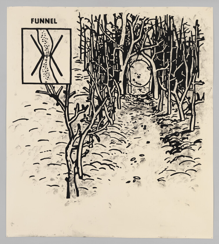A black-and-white drawing of a wooded path leading to a circular opening, with a labeled Funnel inset.