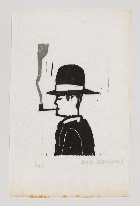 A black and white print depicting a profile view of a person wearing a hat and smoking a pipe. The artist's signature, "RED GROOMS," and the edition number "125" are visible at the bottom. The paper shows slight discoloration at the edges.