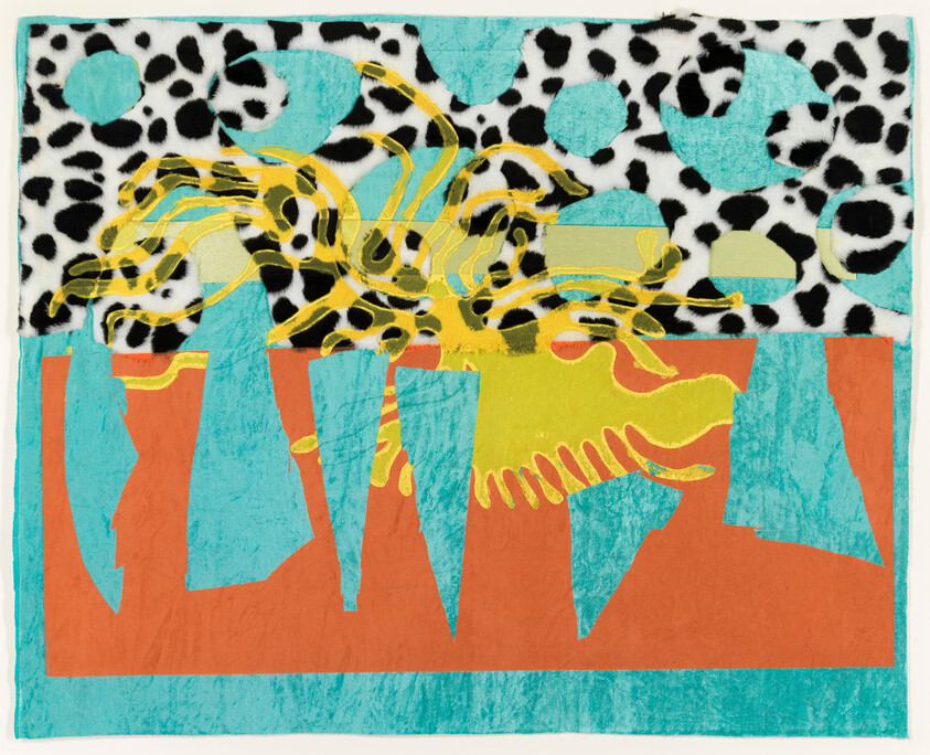 Yellow tentacled creature shape over orange and turquoise shapes with black-and-white leopard pattern background.