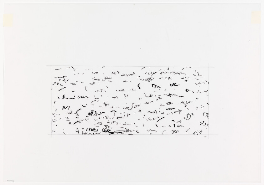 Rectangular panel of scattered black scribbles and short marks on a wide white background.