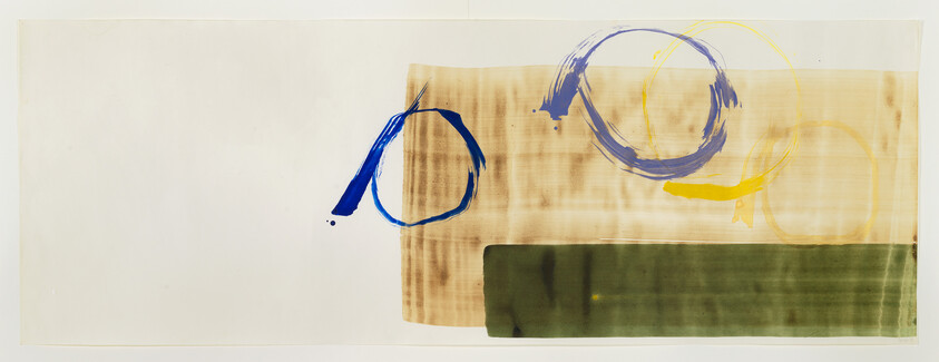 Abstract composition with beige rectangle, blue circular brushstrokes, yellow accents, and a horizontal green band.