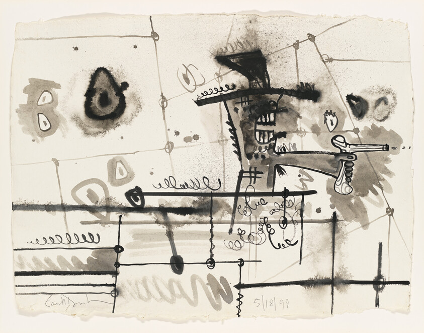 Abstract ink drawing on paper featuring a variety of shapes, lines, and symbols, including eyes, faces, and what appears to be a key, with a mix of dark and light washes, and some areas where the ink has bled into the paper. The artwork is signed and dated at the bottom.