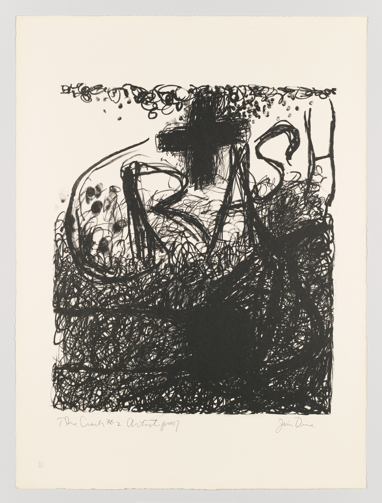 A black and white abstract lithograph featuring chaotic lines and scribbles with the word "CRASH" prominently displayed in the center. The bottom of the artwork contains handwritten text that reads "The Crash '76 & Artist proof" and is signed by the artist. There is an embossed symbol on the bottom left corner of the paper.