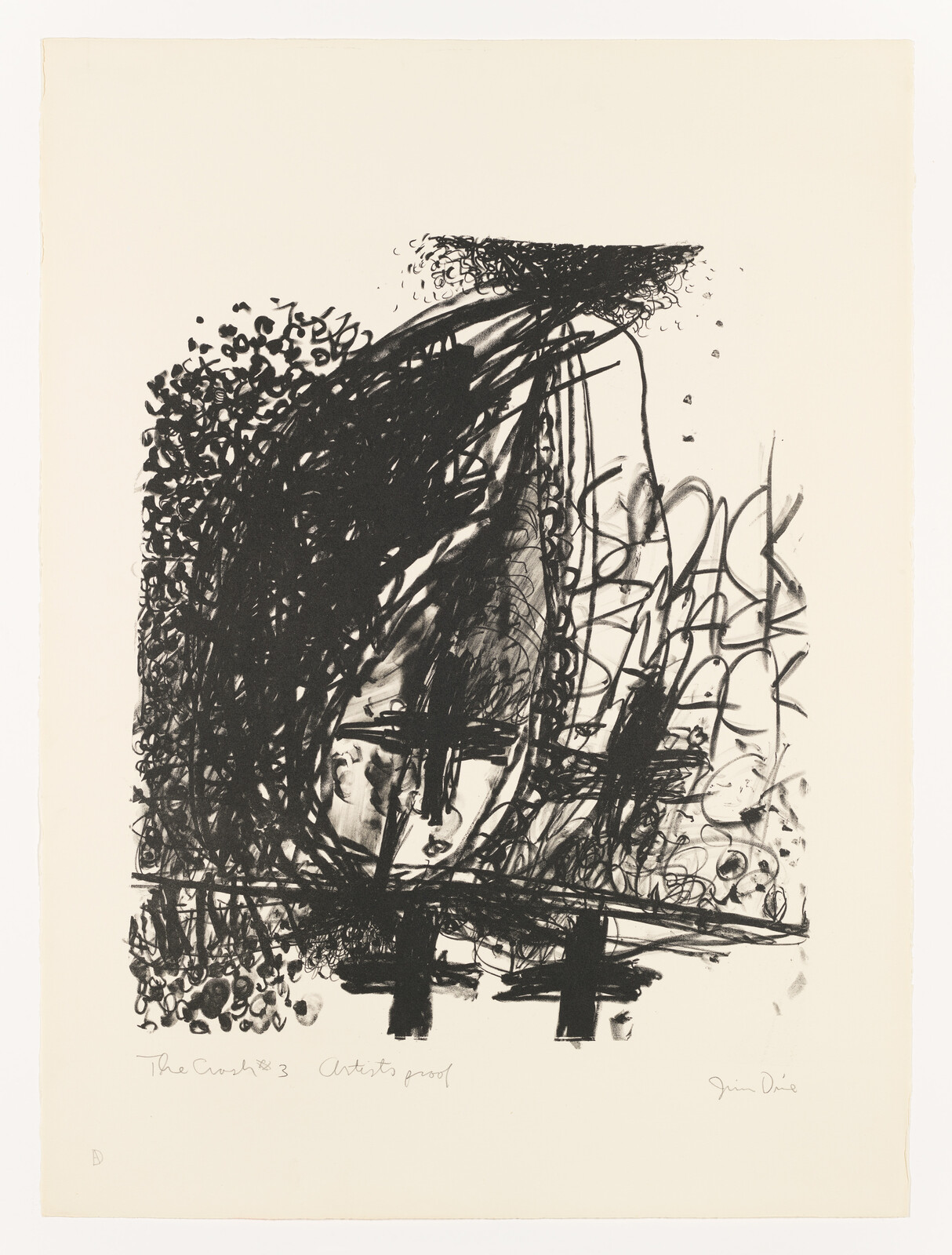 This is an abstract black and white print featuring a chaotic array of lines, marks, and shapes that create a dynamic and expressive composition. The bottom of the artwork includes handwritten text, possibly the title and artist's proof notation, along with a signature on the right.