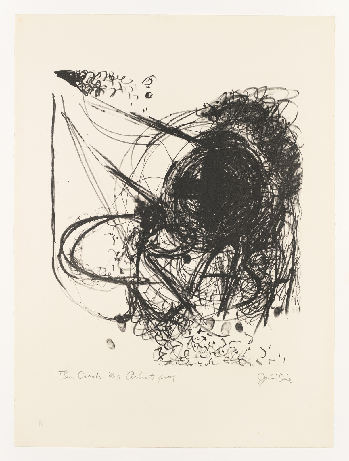 An abstract black and white etching featuring a chaotic tangle of lines and scribbles that converge into a dense, dark central form. The composition suggests a sense of movement and energy. There is text at the bottom indicating the title of the piece and the artist's proof, along with a signature on the right side.