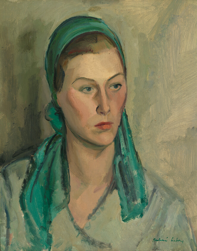 Woman wearing a green headscarf gazes thoughtfully to the right against a muted background.