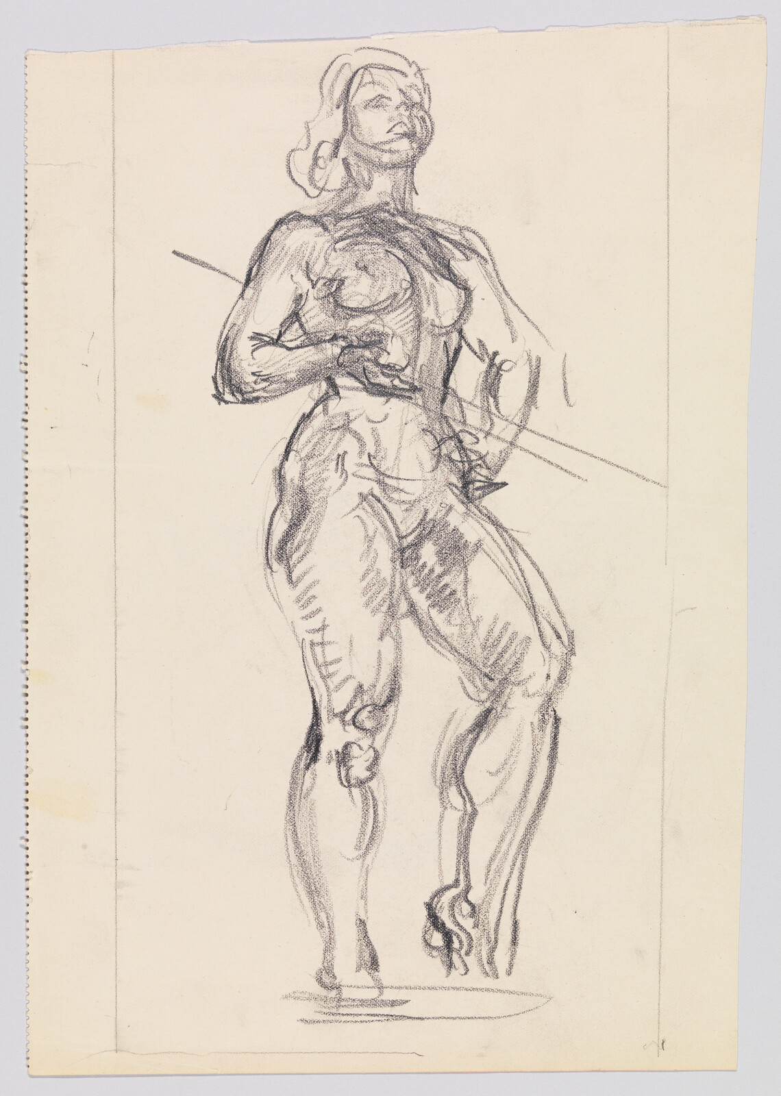 Charcoal sketch of a standing nude woman with hand across her chest and bent leg.