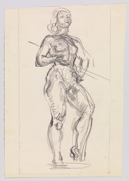 Charcoal sketch of a standing nude woman with hand across her chest and bent leg.