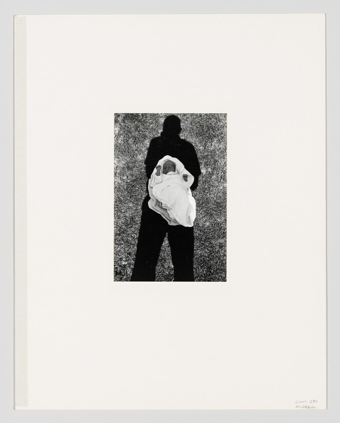 A person's dark shadow holding a swaddled baby lying on grass.