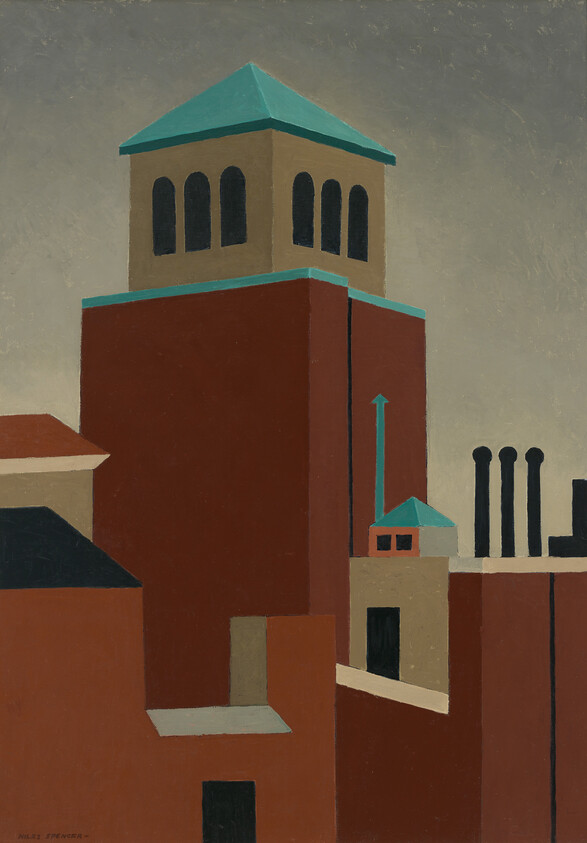 A geometric city rooftop scene dominated by a tall brick tower with a teal roof.