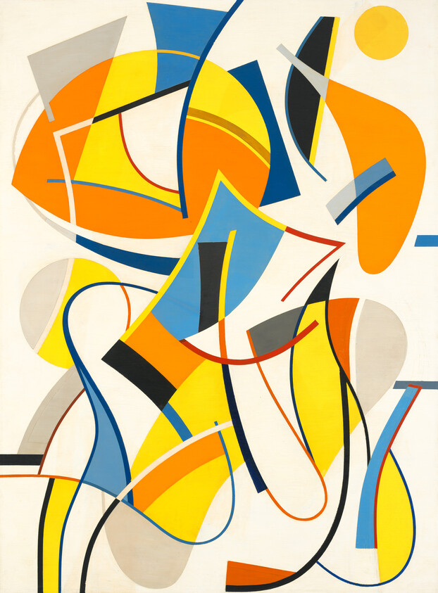 Bright abstract composition of overlapping yellow, blue, and orange geometric shapes and curved lines.