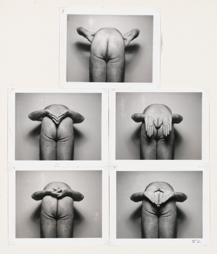 Five poloroids of a person posing their hands in different shapes in front of their butt