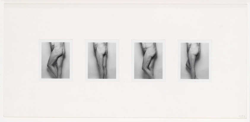 A row of four small photos of a white man's nude backside, his hands covering his groin.