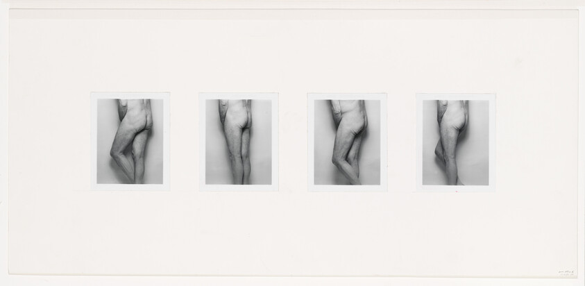 A row of four small photos of a white man's nude backside, his hands covering his groin.