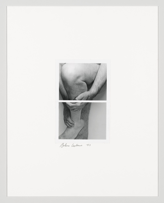Black and white diptych of a nude white man's legs, his hands holding up left leg up.