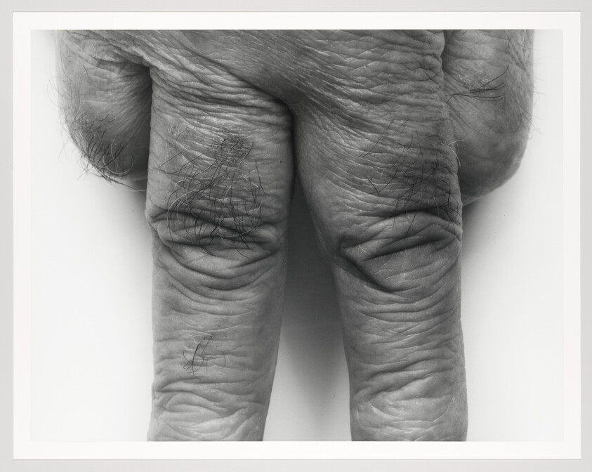 The lower half of two fingers mimicking standing like two legs