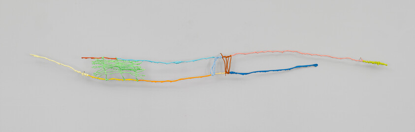 Long thin colorful strings arranged horizontally with a knotted section near the center.