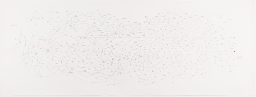 Intricate, delicate lines and curves in a sprawling pattern with subtle red and green accents on a white background.