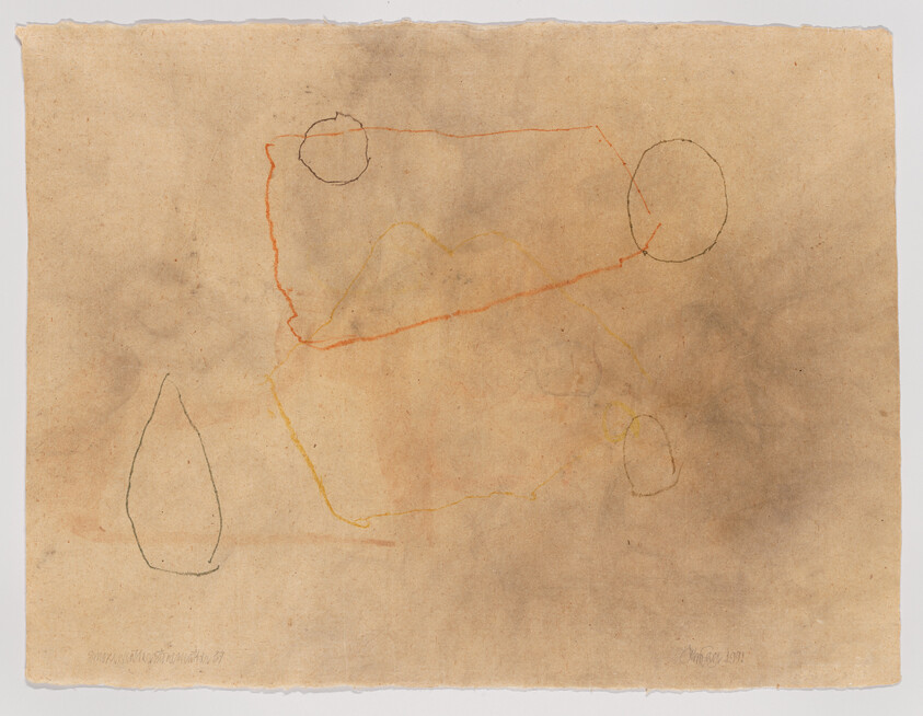 Faded brown paper with simple orange, yellow, and black line drawings of irregular shapes and circles.