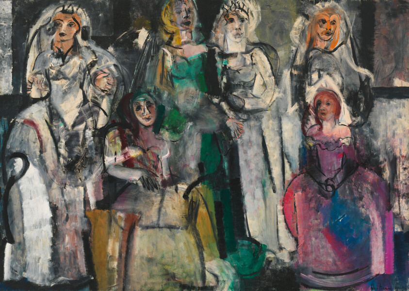 A group of six women in colorful, loosely painted dresses standing and sitting against a dark background.