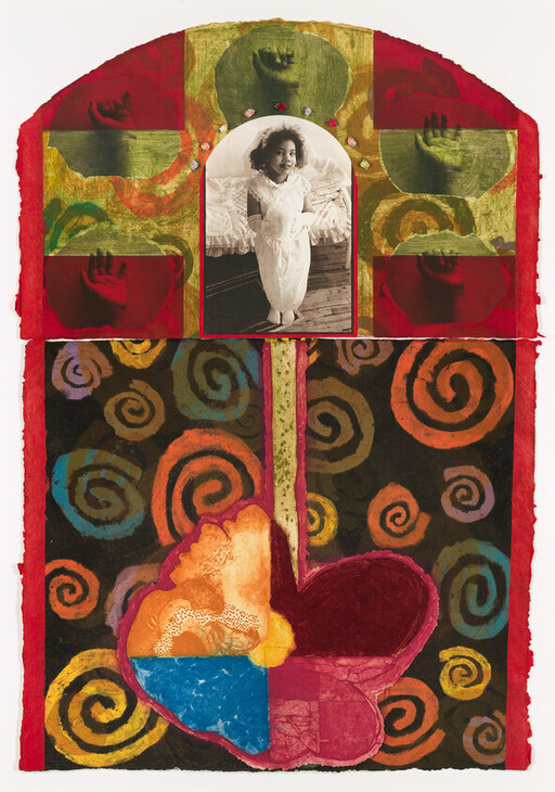 Young child in white dress framed above a colorful spiral background and large multicolored heart shape.