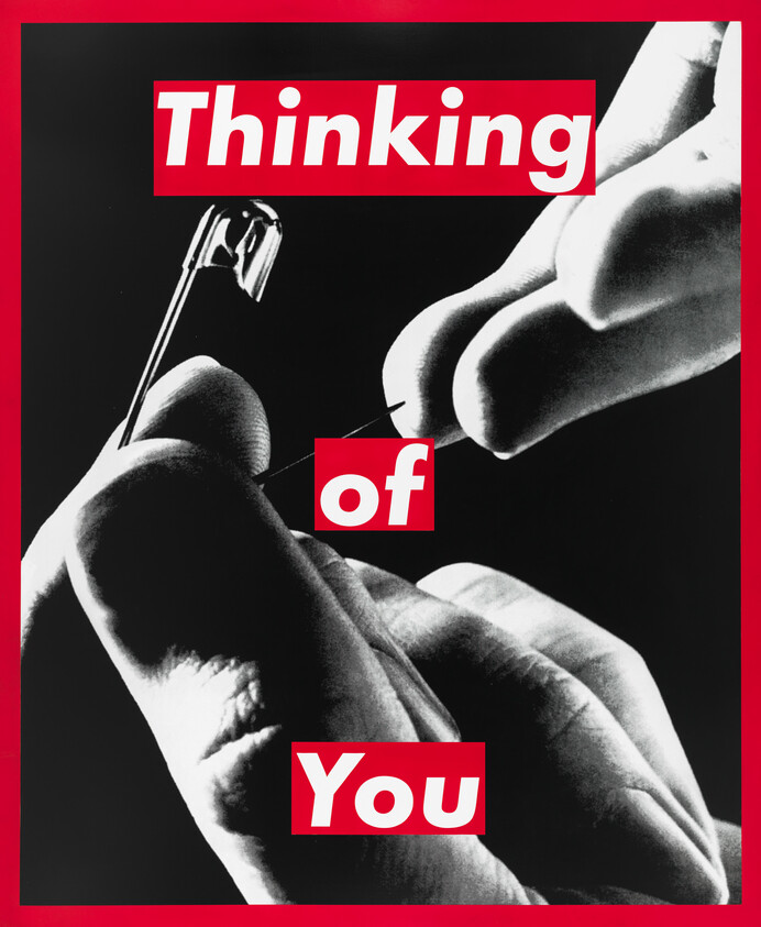 Graphic poster with a hand holding a safety pin, overlaid with the text "Thinking of You" in bold red letters.