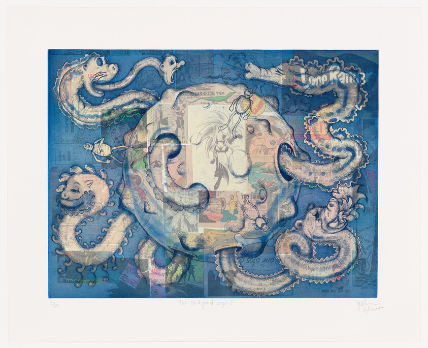 A central globe overlain with vintage comic collages is encircled by whimsical serpent-like creatures.