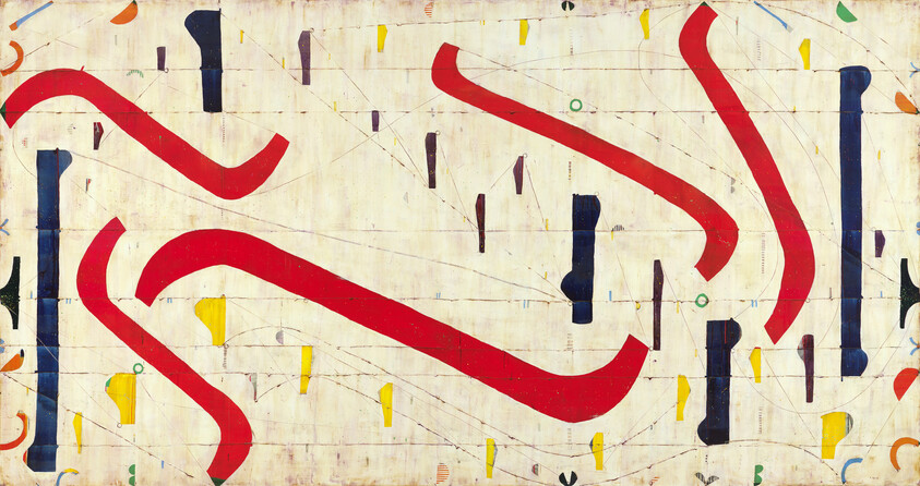 Large abstract mural with bold red and dark blue curved shapes on a beige background with colorful accents.