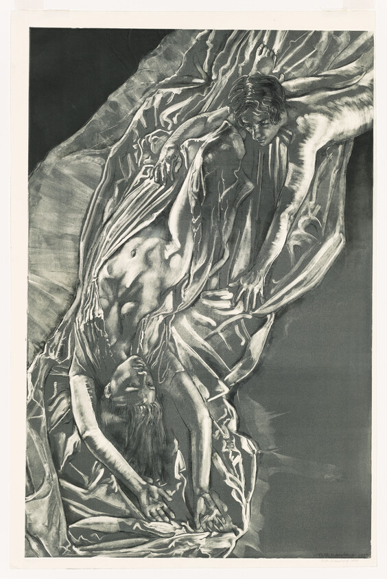 Two entwined figures draped in flowing fabric, one reaching toward the other's outstretched hands.