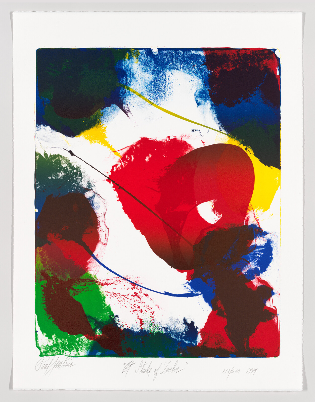 Abstract painting with bold red central shape surrounded by blue, green, yellow splashes and sweeping lines.