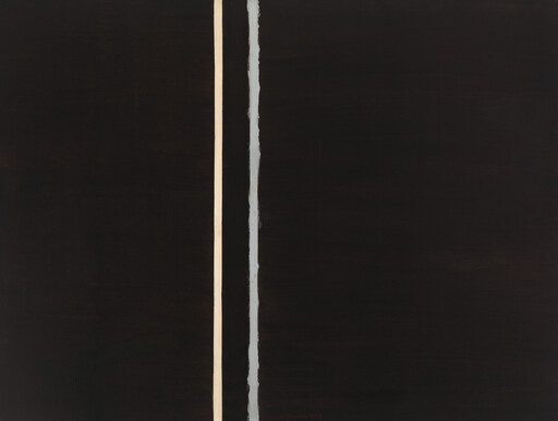 Black canvas with two narrow vertical lines near center, one beige and one irregular pale blue.