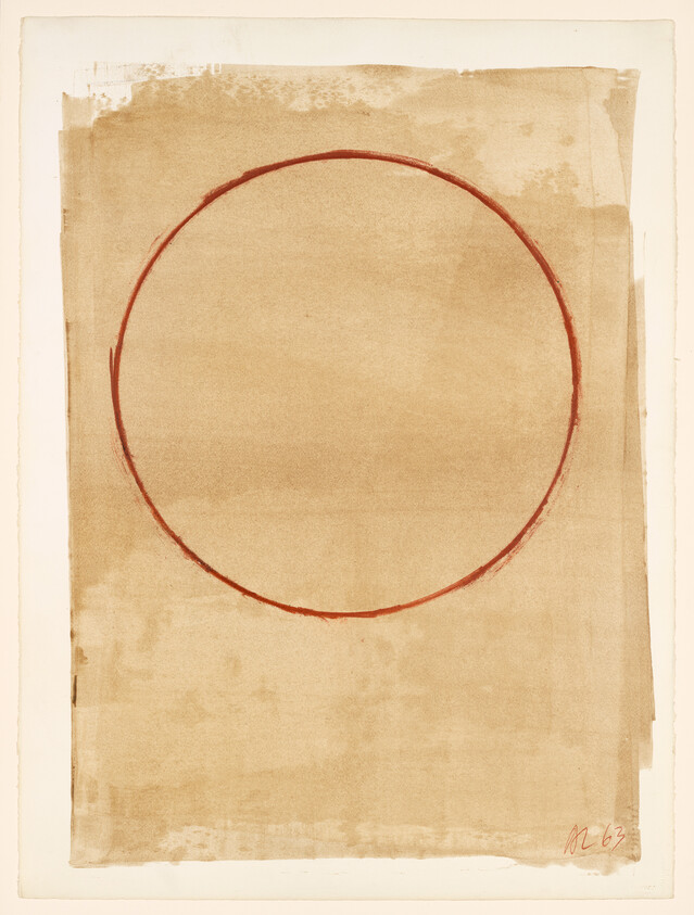A single thin red circle is drawn on a large tan watercolor wash background.