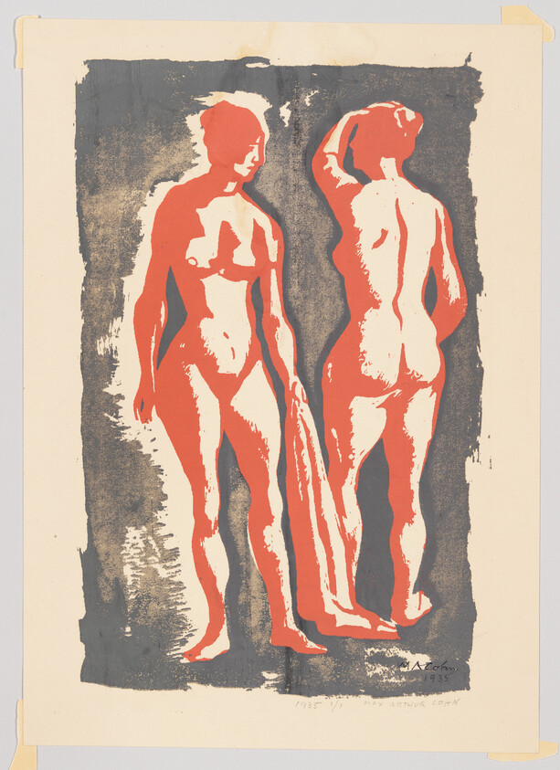 Two stylized nude figures, one holding a draped cloth and the other looking away with raised arm.