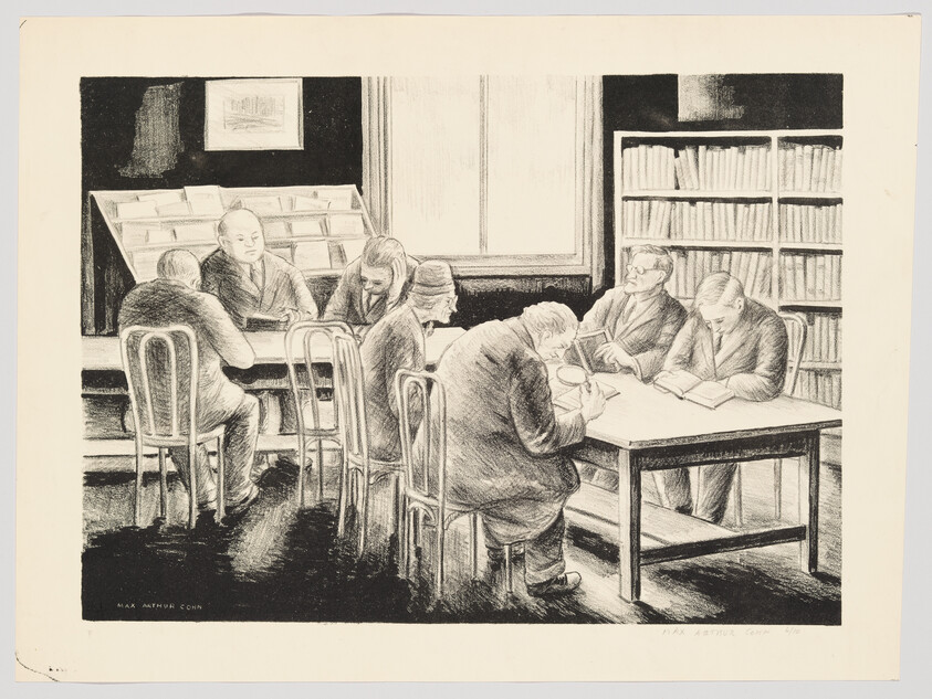 Several men sit around a library table reading and writing under a large window.