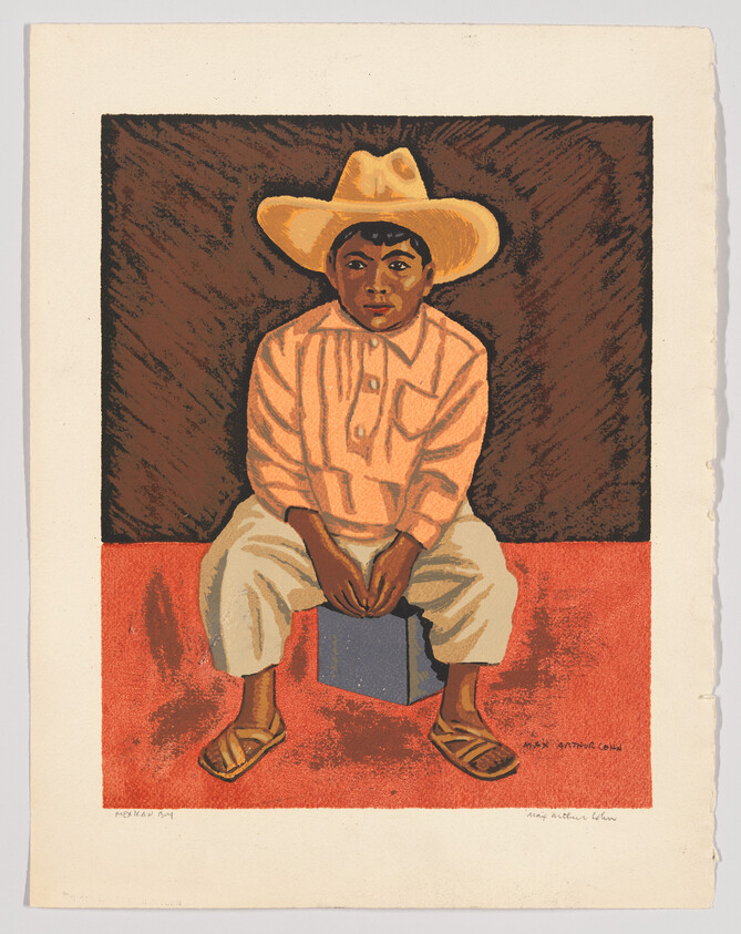 Young boy in a wide cowboy hat sits on a small box with hands clasped.