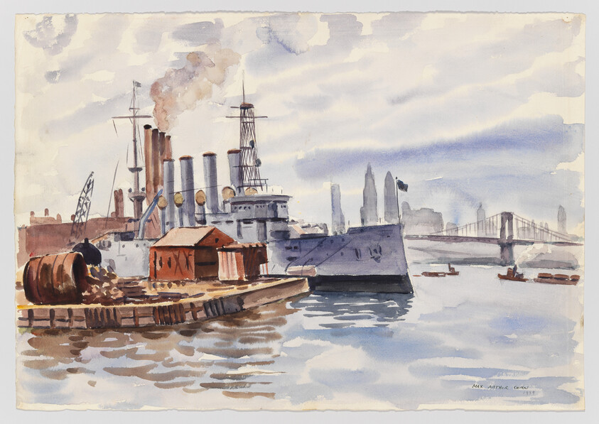 A watercolor painting depicting an industrial harbor scene with smokestacks, a large ship, and smaller boats in the foreground. In the background, a bridge spans across the water, connecting to a city skyline with tall buildings under a cloudy sky. The artwork is signed "Max Arthur Cohn 1934" in the bottom right corner.