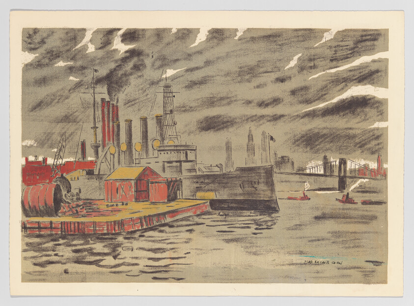 A vintage illustration depicting an industrial waterfront scene with smokestacks, a barge, and buildings against a backdrop of a cloudy sky. In the distance, a bridge spans a river with city buildings silhouetted on the horizon. The image has a muted color palette with red accents on the structures and boats, and there's a signature in the bottom right corner.