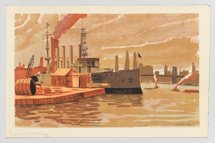 Illustration of an industrial harbor scene with smokestacks emitting smoke, a lighthouse, and ships docked at the waterfront. In the background, a bridge spans across the water, with city buildings silhouetted against a hazy sky. The image has a sepia-toned color palette, suggesting an early to mid-20th-century setting.