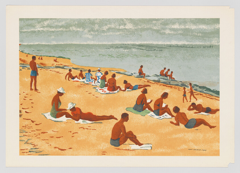 Illustration of a vibrant beach scene with people engaged in various activities on the sand, such as sitting, lying down, and walking. The ocean is visible in the background with a cloudy sky above. The artwork has a vintage or retro style, with a limited color palette emphasizing reds, blues, and earth tones.