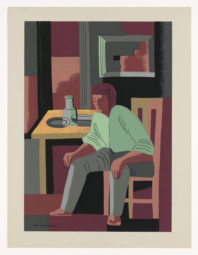 A person sits slumped on a chair beside a table with plates and a bottle.