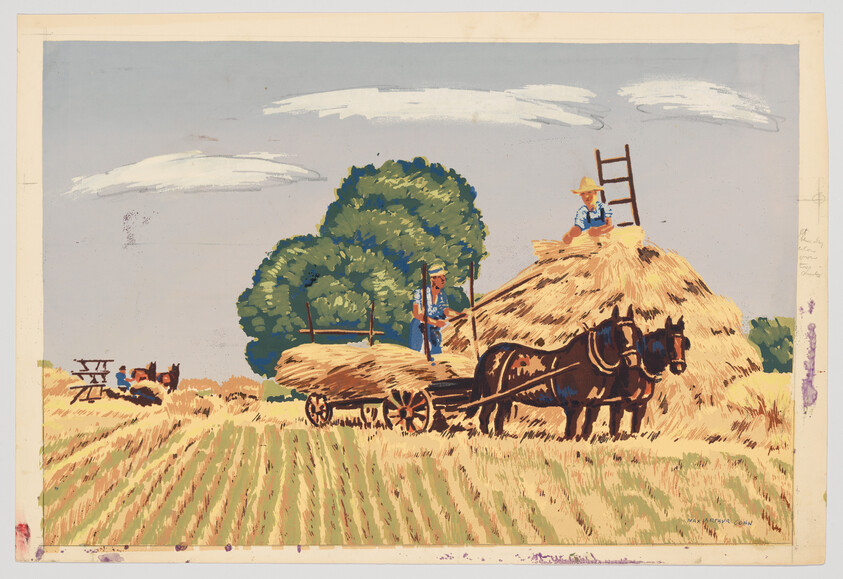 Two horses pull a wagon while workers load hay into a large haystack in a field.